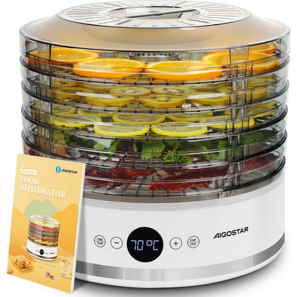 Aigostar Dörrautomat Dörrgerät mit "FAN"-Modus, Temperatur 35-70°C, 5 höhenverstellbaren 380 W, 5 Etagen, LED-Anzeige, 48h-Timer, leiser Betrieb, BPA-frei, Reze