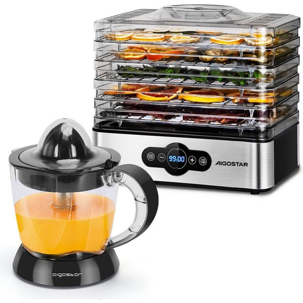 Aigostar Dörrautomat Dörrgerät mit Temperaturregler, 99h-Timer, 5 Einlegefächer, 35-70°C 240,00 W, 5 Etagen, LED-Anzeige, Edelstahl, Gemüse Fleisch, Kräuter, Ri