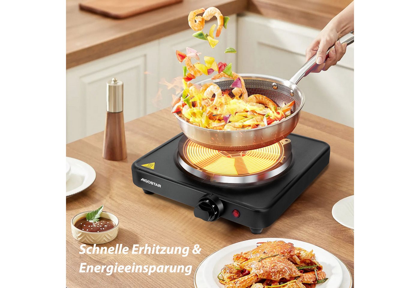 Aigostar Elektro-Kochfeld 1500 W Kochplatte, mit 5-stufig einstellbarem Thermostat, Überhitzungsschutz, mit 5-stufig einstellbarem Thermostat, Überhitzungsschut – Bild 2 von 5