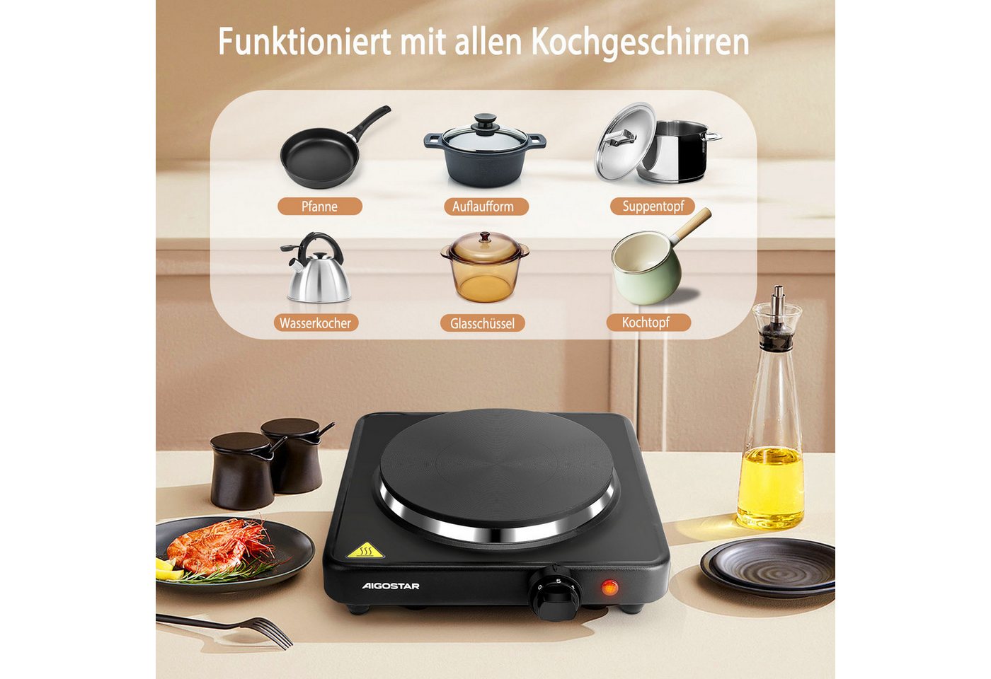 Aigostar Elektro-Kochfeld 1500 W Kochplatte, mit 5-stufig einstellbarem Thermostat, Überhitzungsschutz, mit 5-stufig einstellbarem Thermostat, Überhitzungsschut – Bild 4 von 5