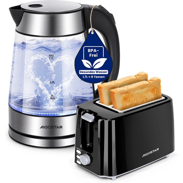 Aigostar Frühstücks-Set (2-tlg), Wasserkocher 1,7L / 2-Scheiben Langschlitz Toaster, Schwarz