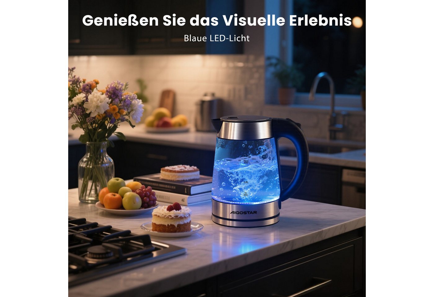 Aigostar Frühstücks-Set (2-tlg), Wasserkocher 1,7L / 2-Scheiben Langschlitz Toaster, Schwarz – Bild 2 von 5