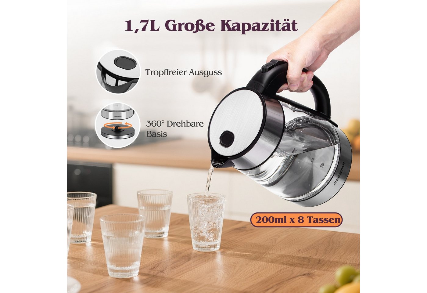 Aigostar Frühstücks-Set (2-tlg), Wasserkocher 1,7L / 2-Scheiben Langschlitz Toaster, Schwarz – Bild 3 von 5