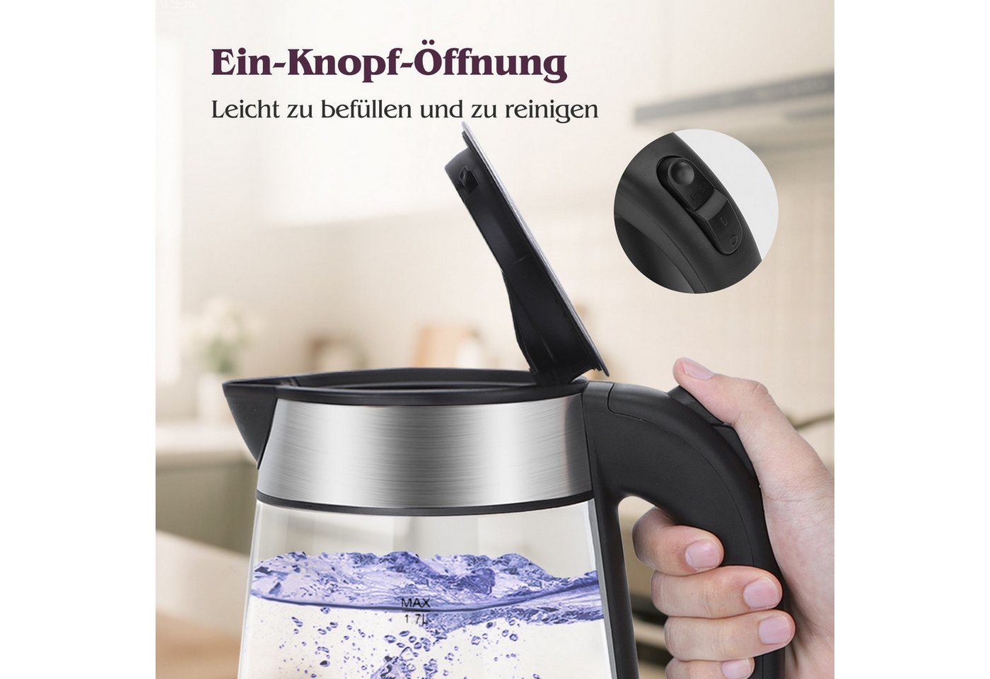 Aigostar Frühstücks-Set (2-tlg), Wasserkocher 1,7L / 2-Scheiben Langschlitz Toaster, Schwarz – Bild 4 von 5