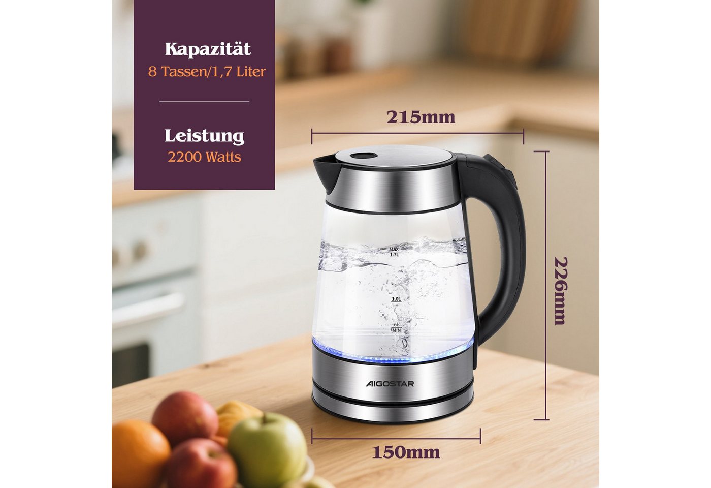 Aigostar Frühstücks-Set (2-tlg), Wasserkocher 1,7L / 2-Scheiben Langschlitz Toaster, Schwarz – Bild 5 von 5