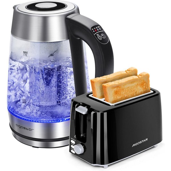 Aigostar Frühstücks-Set (2-tlg), Wasserkocher 1,7L / 2-Scheiben Langschlitz Toaster, Schwarz