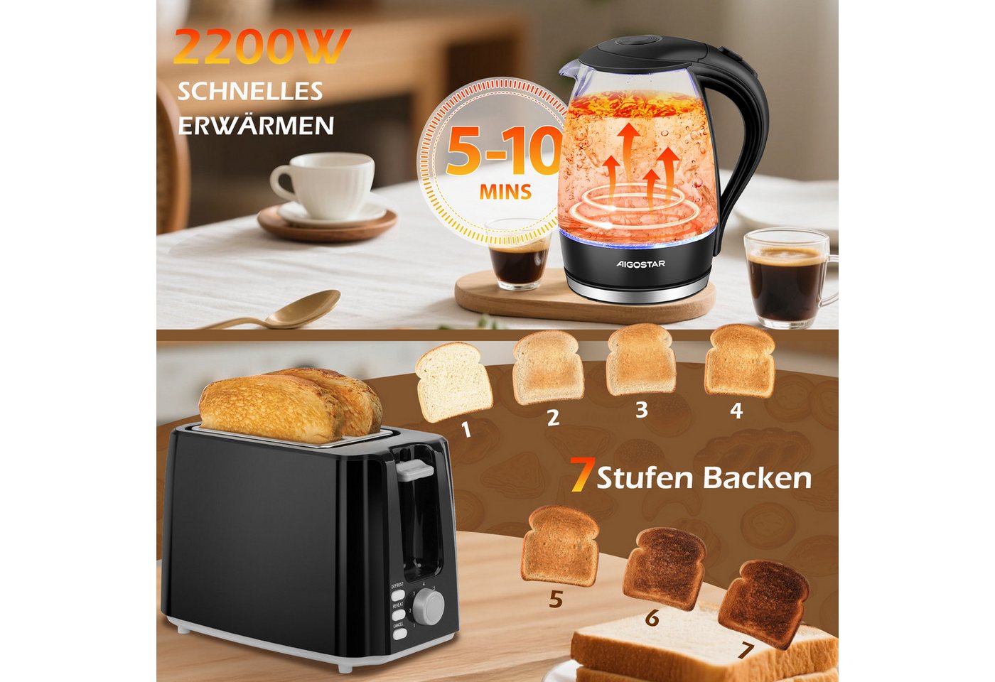 Aigostar Frühstücks-Set (2-tlg), Wasserkocher 1,7L / 2-Scheiben Langschlitz Toaster, Schwarz – Bild 2 von 5