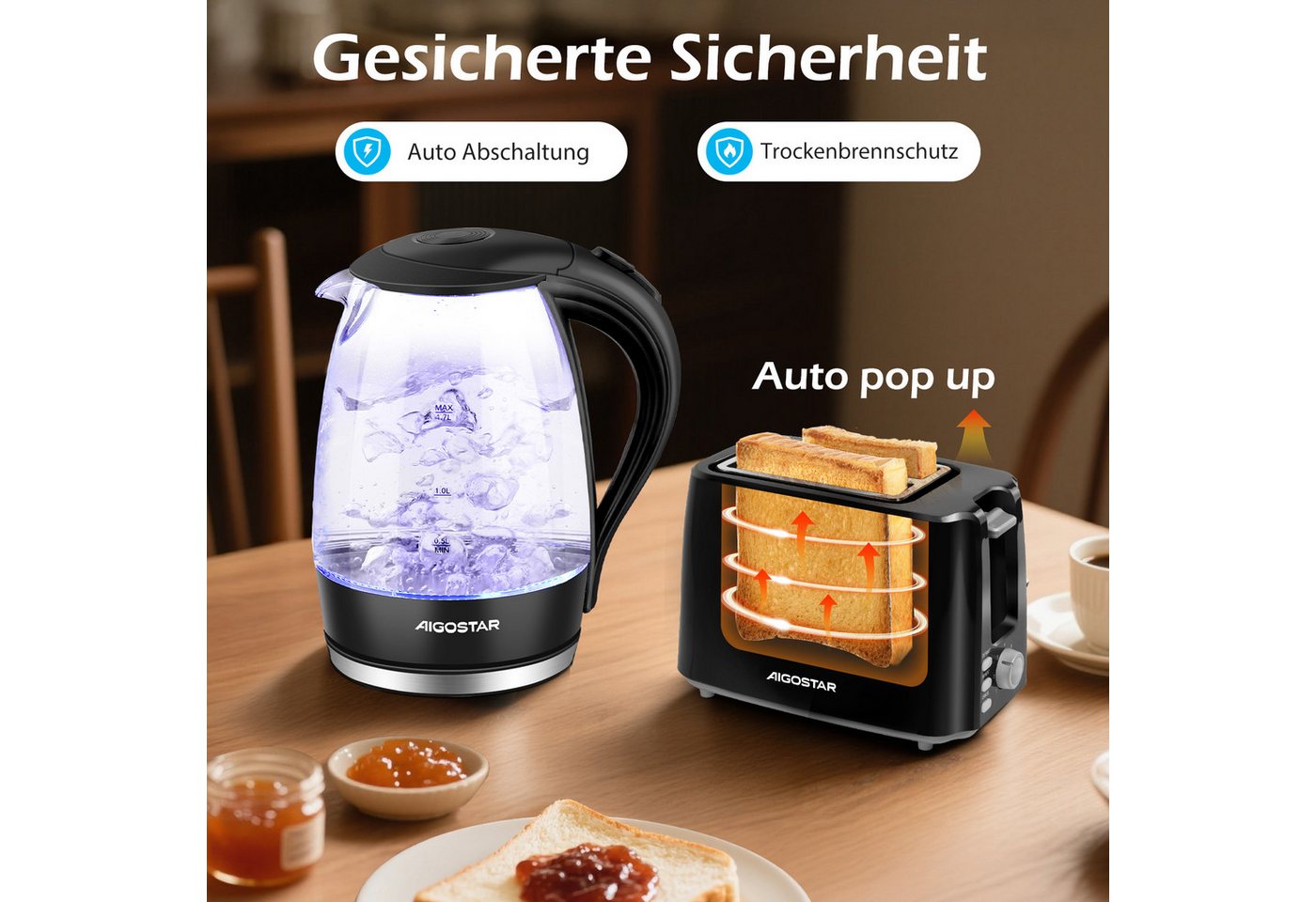 Aigostar Frühstücks-Set (2-tlg), Wasserkocher 1,7L / 2-Scheiben Langschlitz Toaster, Schwarz – Bild 3 von 5