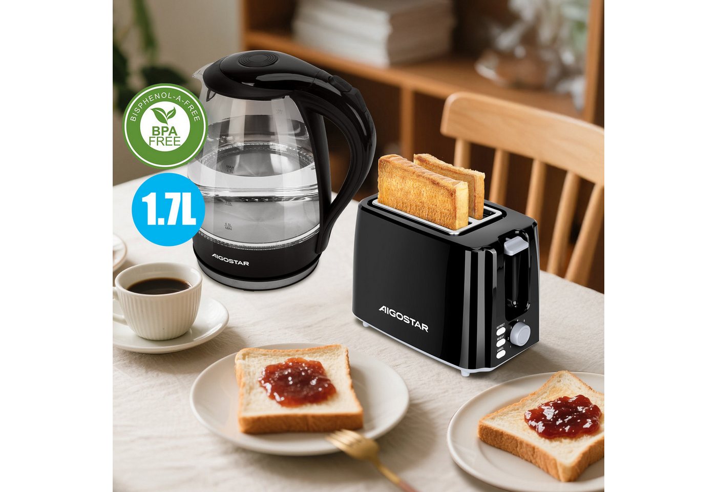 Aigostar Frühstücks-Set (2-tlg), Wasserkocher 1,7L / 2-Scheiben Langschlitz Toaster, Schwarz – Bild 4 von 5