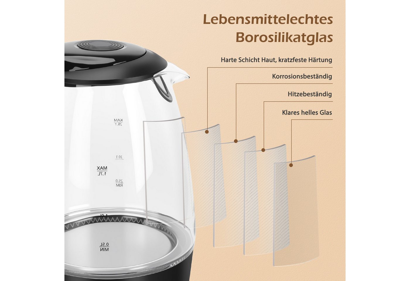 Aigostar Frühstücks-Set (2-tlg), Wasserkocher 1,7L / 2-Scheiben Langschlitz Toaster, Schwarz – Bild 5 von 5