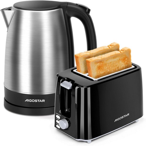 Aigostar Frühstücks-Set Edelstahl Wasserkocher 1,7L / 2-Scheiben Langschlitz Toaster, Schwarz, Elegantes Design & starke Leistung, Komfortabel im Alltag