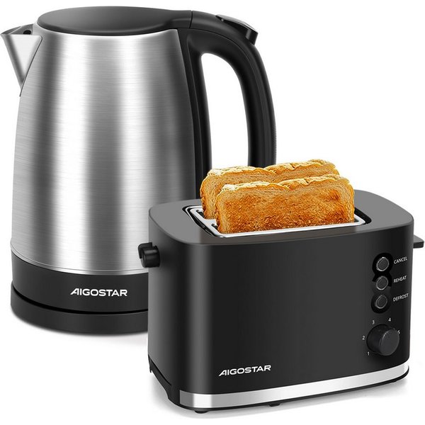 Aigostar Frühstücks-Set Edelstahl Wasserkocher 1,7L / 2-Scheiben Langschlitz Toaster, Schwarz, Elegantes Design & starke Leistung, Komfortabel im Alltag