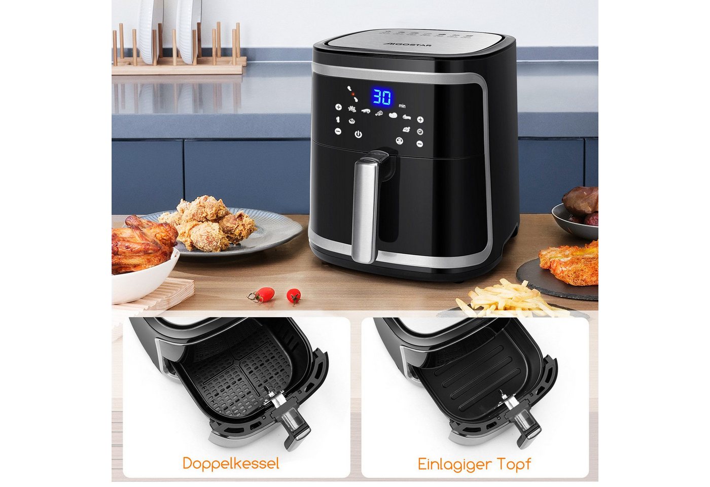 Aigostar Frühstücks-Set Heißluftfritteuse 7L 1900W + 2-Scheiben Langschlitz Toaster, Schwarz, 7 Programmen, Warmhalten, 20 Rezepte, 7 Einstellbare Bräunungsstuf – Bild 2 von 5