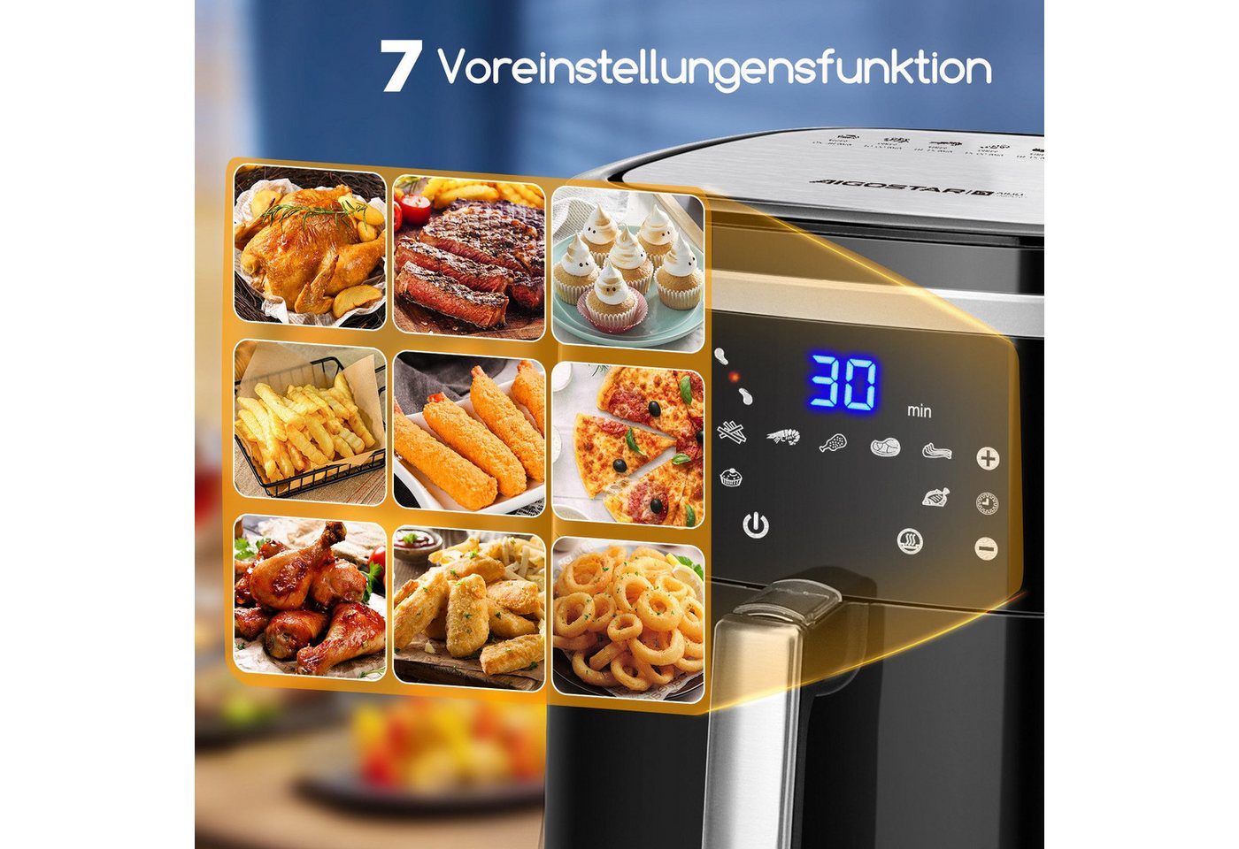 Aigostar Frühstücks-Set Heißluftfritteuse 7L 1900W + 2-Scheiben Langschlitz Toaster, Schwarz, 7 Programmen, Warmhalten, 20 Rezepte, 7 Einstellbare Bräunungsstuf – Bild 3 von 5