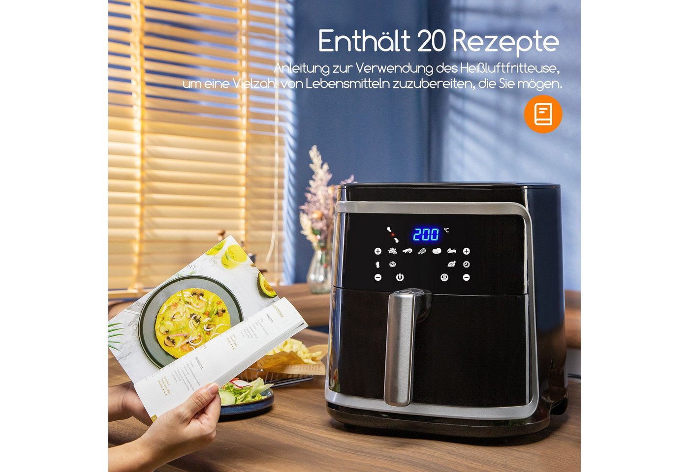 Aigostar Frühstücks-Set Heißluftfritteuse 7L 1900W + 2-Scheiben Langschlitz Toaster, Schwarz, 7 Programmen, Warmhalten, 20 Rezepte, 7 Einstellbare Bräunungsstuf – Bild 4 von 5