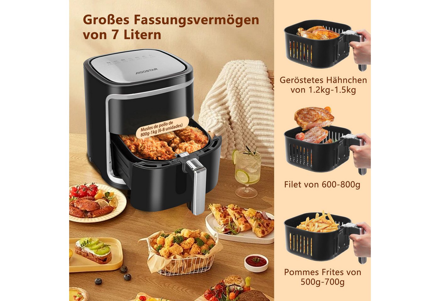 Aigostar Frühstücks-Set Heißluftfritteuse 7L 1900W + 2-Scheiben Langschlitz Toaster, Schwarz, 7 Programmen, Warmhalten, 20 Rezepte, 7 Einstellbare Bräunungsstuf – Bild 5 von 5
