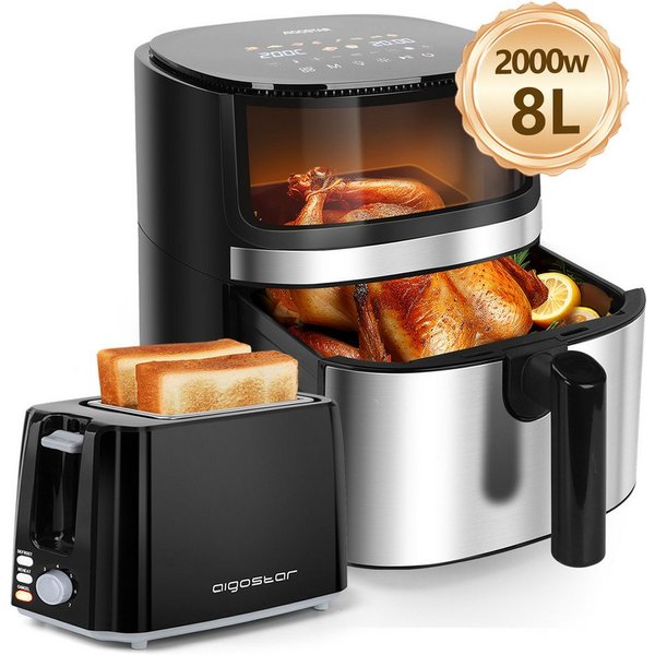 Aigostar Frühstücks-Set Heißluftfritteuse 7L 1900W + 2-Scheiben Langschlitz Toaster, Schwarz, 7 Programmen, Warmhalten, 20 Rezepte, 7 Einstellbare Bräunungsstuf