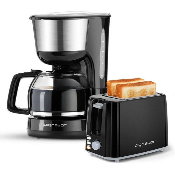 Aigostar Frühstücks-Set Kaffeemaschine 1,25L, 1000W/Toaster mit 2 Breite Toastschlitze, 750W, Warmhalteplatte, Abschaltautomatik, Tropf-Stopp