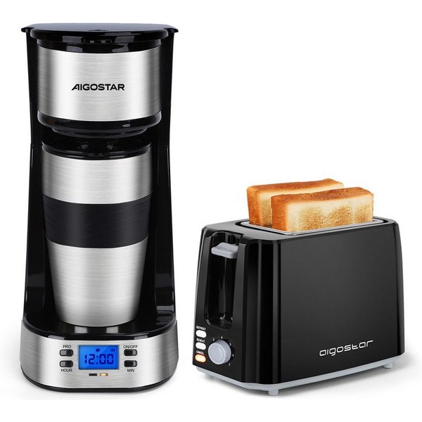 Aigostar Frühstücks-Set Kaffeemaschine mit Thermobecher, 420 ml/2-Scheiben Langschlitz Toaster, 24h-Timer, LCD-Anzeige, AutoClean-Funktion
