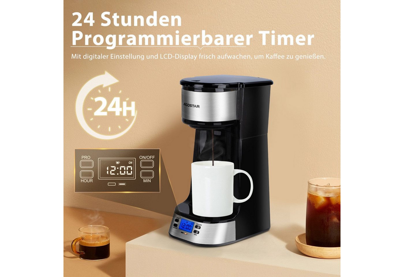 Aigostar Frühstücks-Set Kaffeemaschine mit Thermobecher, 420 ml/2-Scheiben Langschlitz Toaster, 24h-Timer, LCD-Anzeige, AutoClean-Funktion – Bild 2 von 5