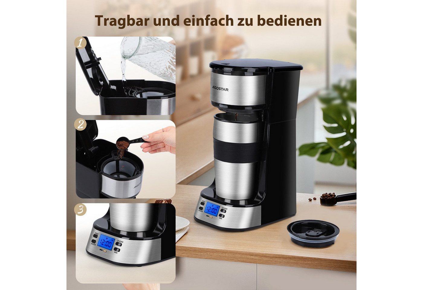 Aigostar Frühstücks-Set Kaffeemaschine mit Thermobecher, 420 ml/2-Scheiben Langschlitz Toaster, 24h-Timer, LCD-Anzeige, AutoClean-Funktion – Bild 4 von 5