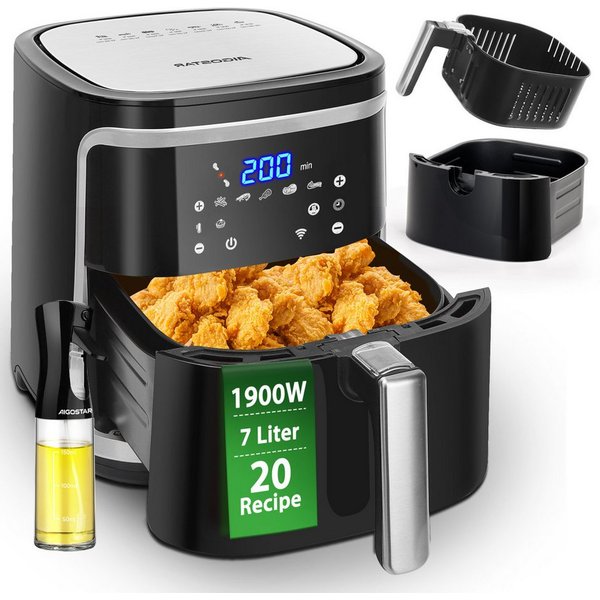 Aigostar Heißluftfritteuse 7L 7-in-1 Airfryer, 90% weniger Fett, 1900,00 W, Temperatursteuerung (80 - 200 °C), 1 - 60 Mins Timer, Memory-Funktion