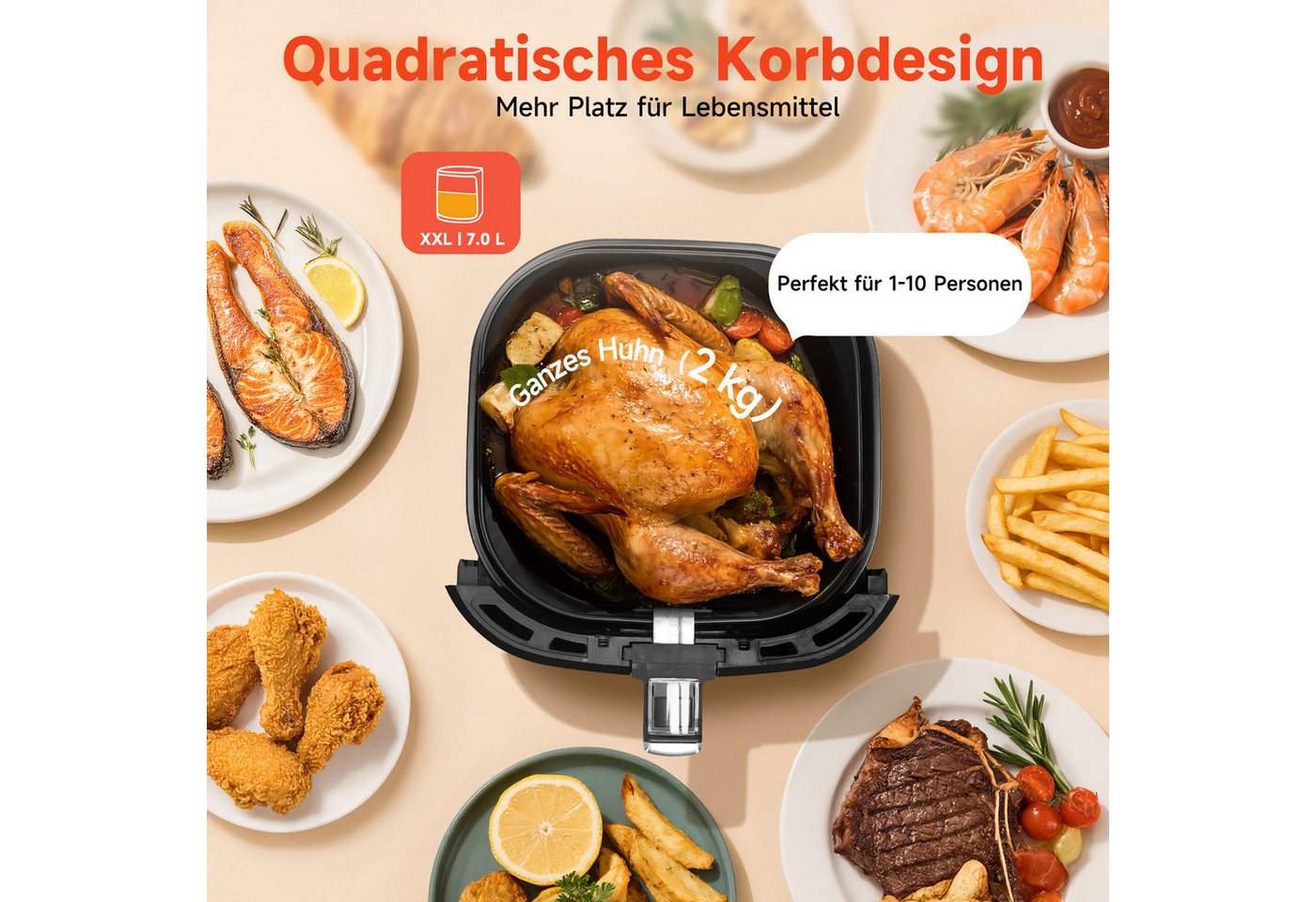 Aigostar Heißluftfritteuse 7L 7-in-1 Airfryer, 90% weniger Fett, 1900,00 W, Temperatursteuerung (80 - 200 °C), 1 - 60 Mins Timer, Memory-Funktion – Bild 4 von 5