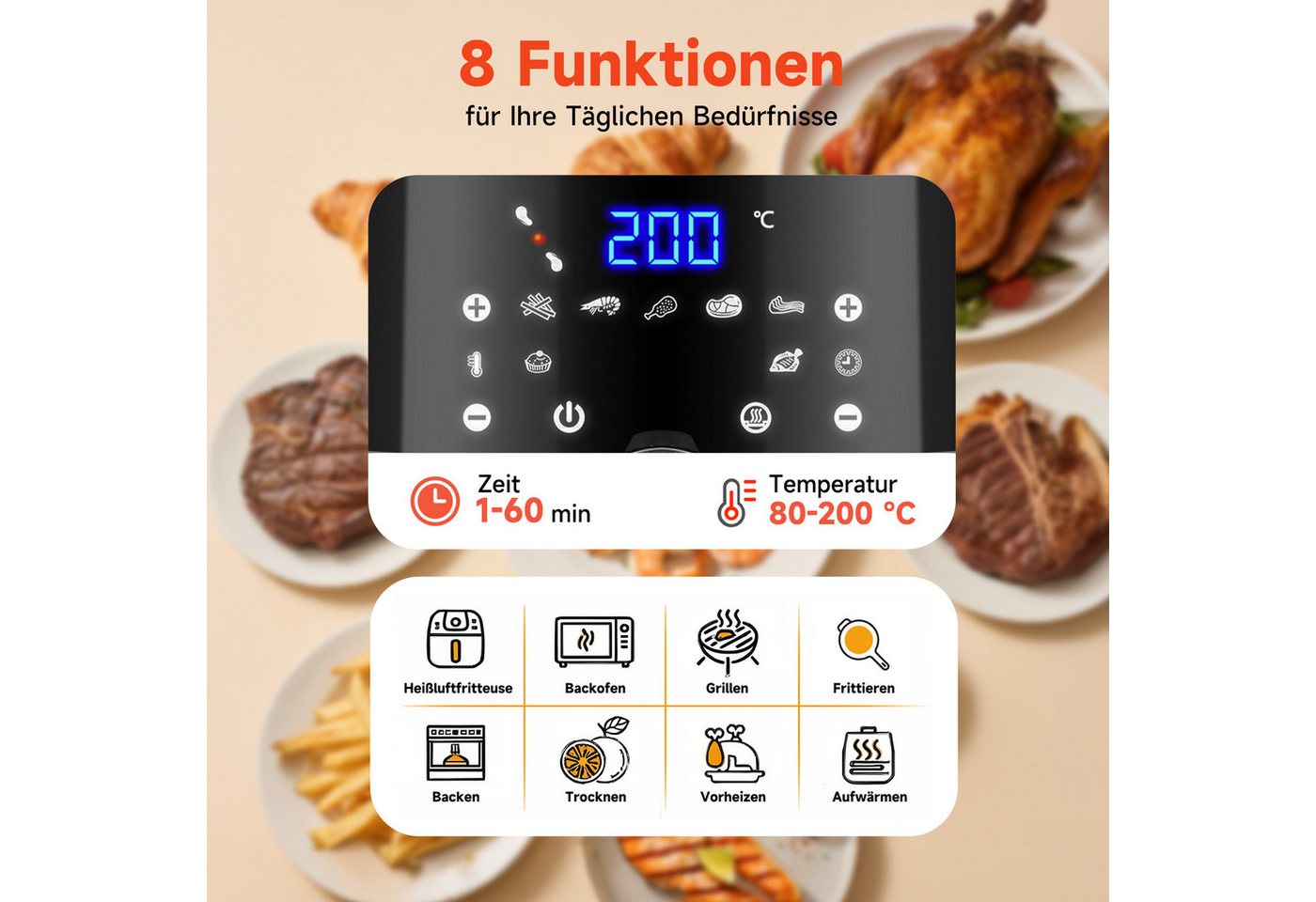 Aigostar Heißluftfritteuse 7L 7-in-1 Airfryer, 90% weniger Fett, 1900,00 W, Temperatursteuerung (80 - 200 °C), 1 - 60 Mins Timer, Memory-Funktion – Bild 5 von 5