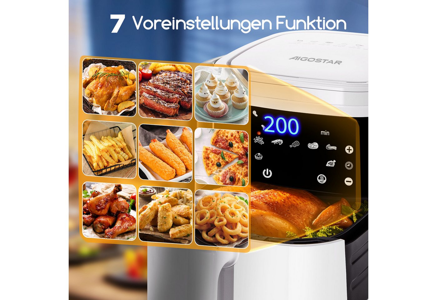Aigostar Heißluftfritteuse 7L 7-in-1 Airfryer, 90% weniger Fett, 1900,00 W, Temperatursteuerung (80 - 200 °C), 1 - 60 Mins Timer, Memory-Funktion – Bild 2 von 5