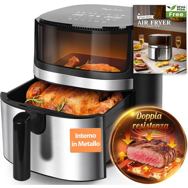 Aigostar Heißluftfritteuse Dual Blaze, 8L Air Fryer mit Sichtfenster, 2000 W, Sichtfenster, Digitalem Led Touchscreen, Spülmaschinenfeste Körbe