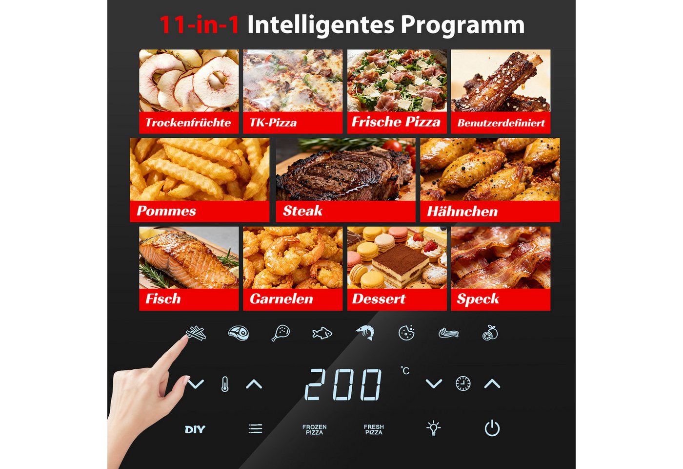 Aigostar Heißluftfritteuse XL 745 cm² Garfläche, Pizzafunktion, 2200 W, leiser, Extra-Crisp Technologie, Touchscreen, Metall-Innenraum – Bild 3 von 5