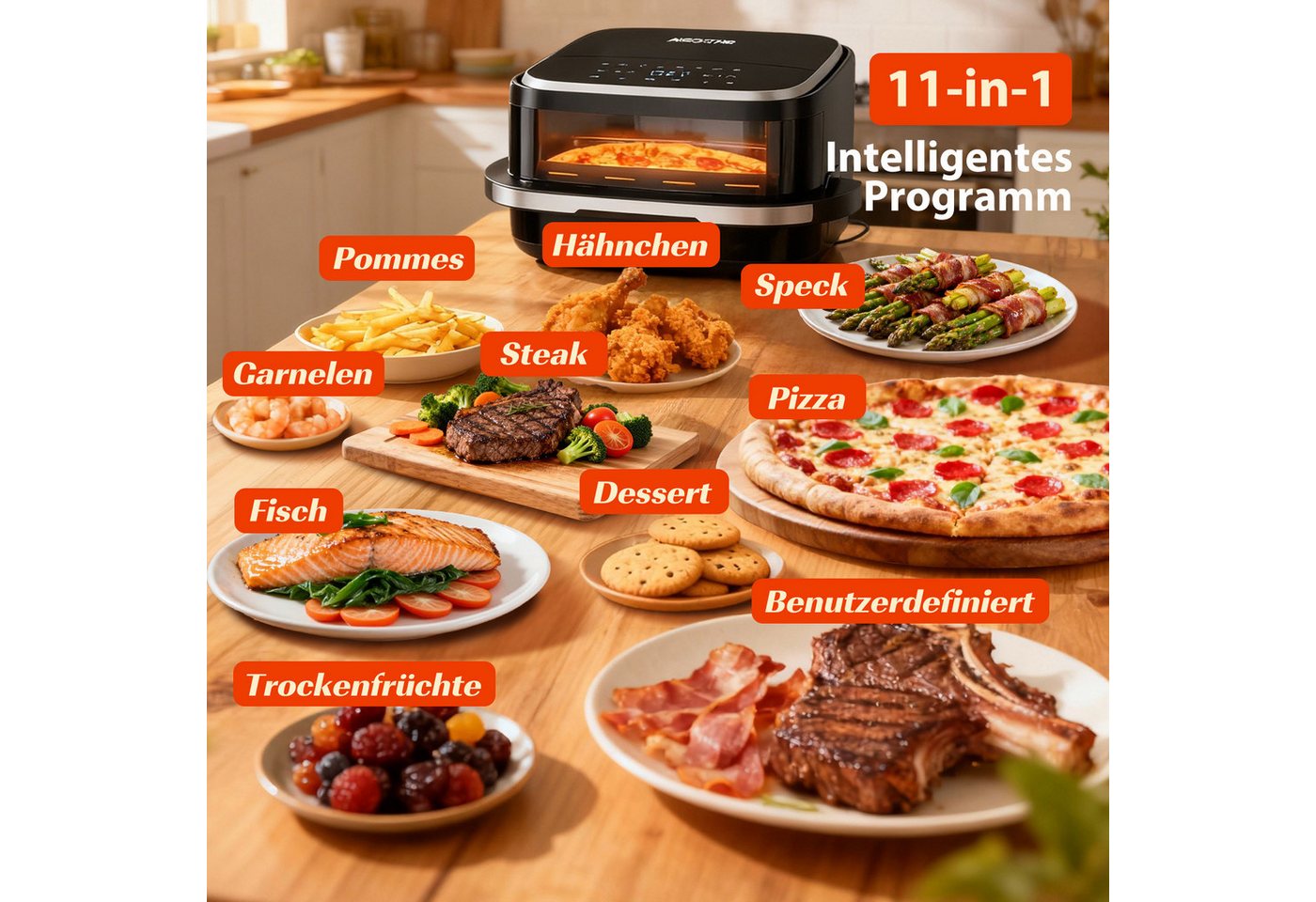 Aigostar Heißluftfritteuse XL 745 cm² Garfläche, Pizzafunktion, 2200 W, leiser, Extra-Crisp Technologie, Touchscreen, Metall-Innenraum – Bild 4 von 5