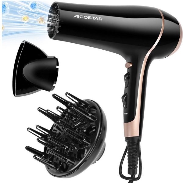 Aigostar Ionic-Haartrockner 2 Geschwindigkeit / 3 Hitze / Kühle Taste, mit Diffuser & Concentrator, 2400,00 W, 2400W Gleichstrommotor, Negative Ionenfunktion, i