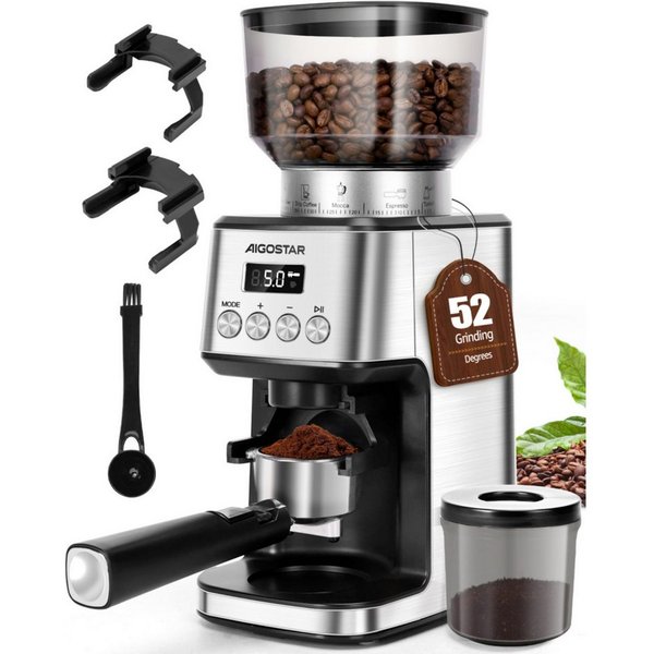 Aigostar Kaffeemühle Professionelle Coffee Grinder mit 52 Mahleinstellungen, Kegelmahlwerk, 180,00 W, Kegelmahlwerk, 320,00 g Bohnenbehälter, Geeignet für Espre