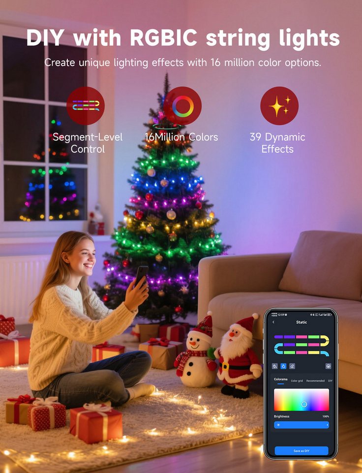 Aigostar LED-Baummantel RGBIC Smart Lichterkette mit Ring – Bild 4 von 5