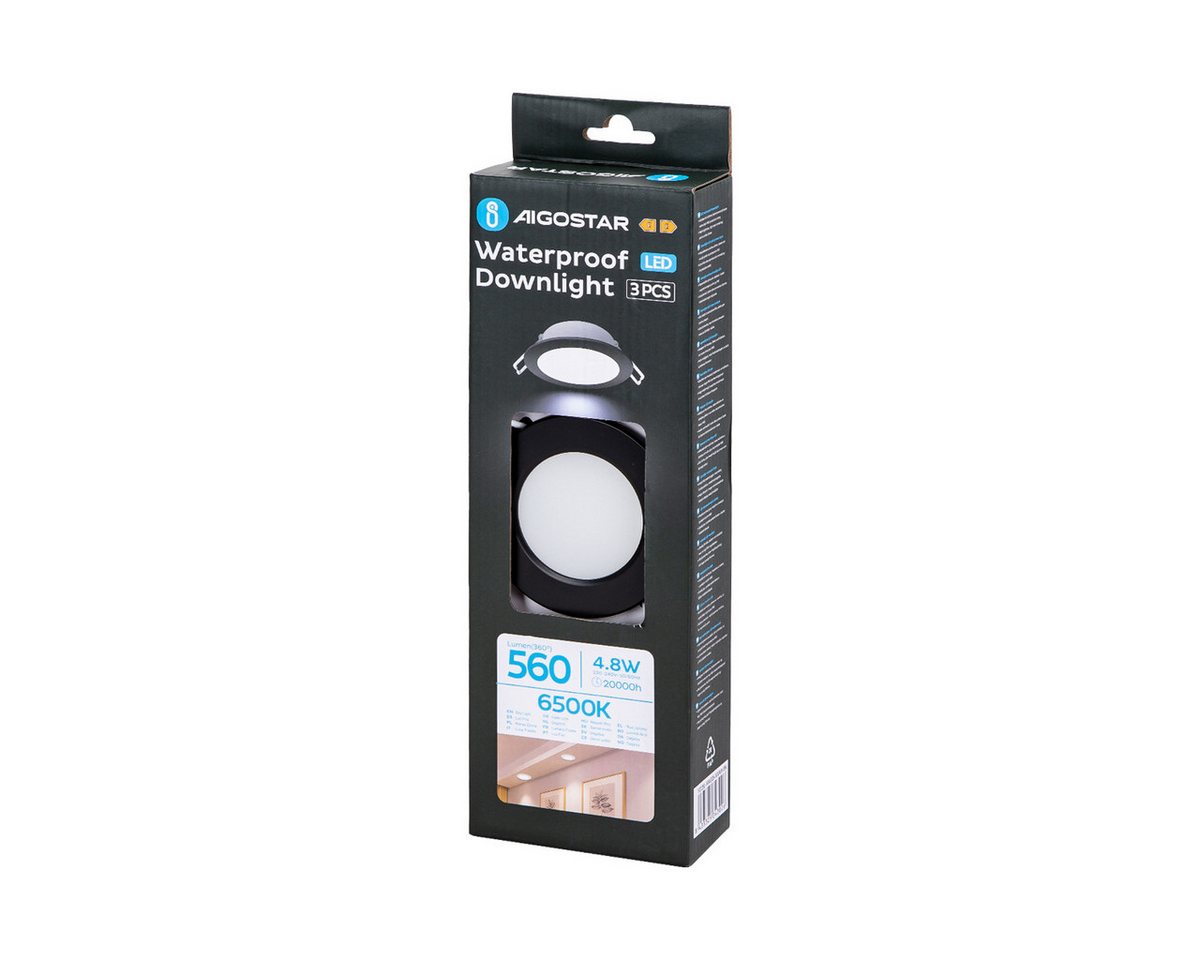 Aigostar LED Einbauleuchte 3er Set 4.8W LED Einbauspot Einbaustrahler Spot schwarz weiß IP65, 3er Set, 4.8w 520 Lumen, Warmweiß, Rahmenfarbe Schwarz, Lochmaß 68 – Bild 5 von 5