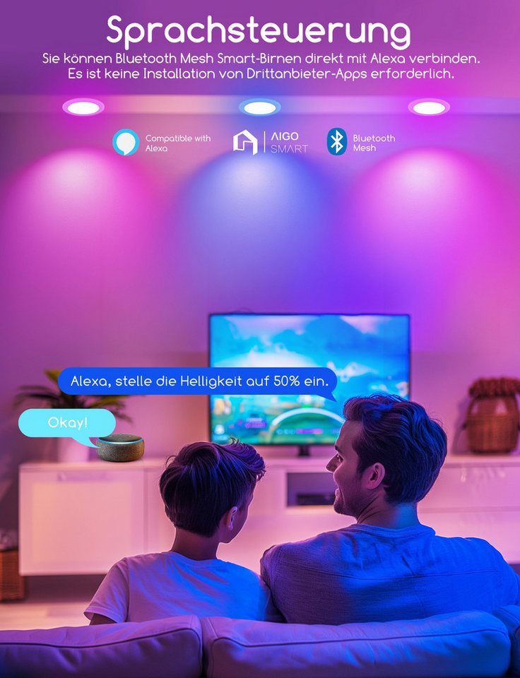 Aigostar LED Einbauleuchte Smart Decken Einbaulampe RGB+CCT Kompatibel mit Alexa Bluethooth Mesh, Ф100-110mm – Bild 3 von 5
