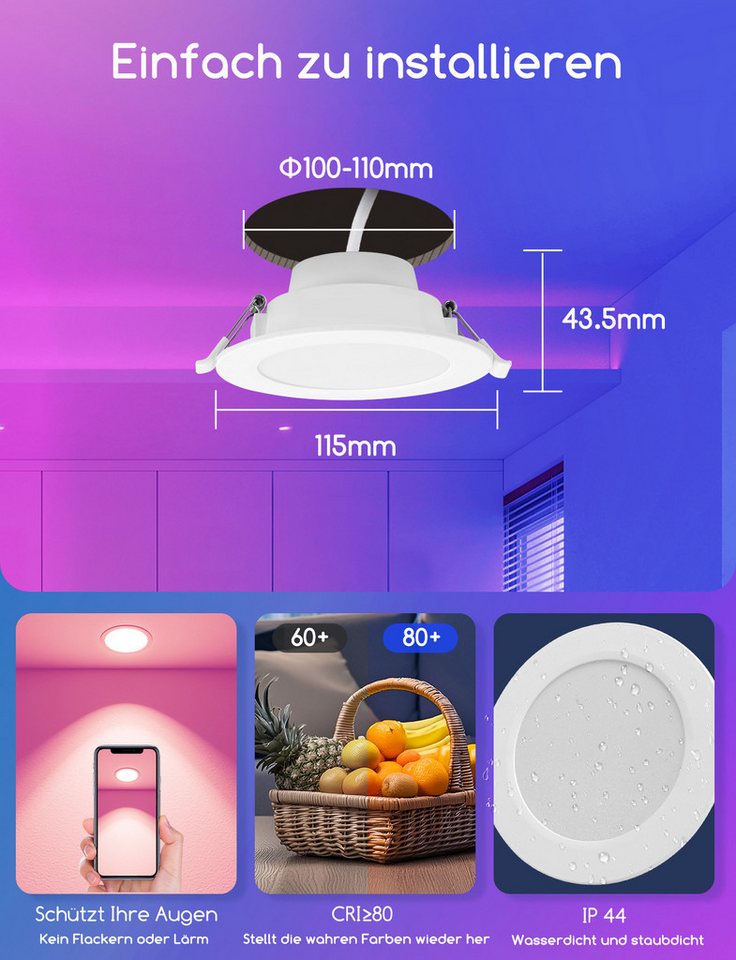 Aigostar LED Einbauleuchte Smart Decken Einbaulampe RGB+CCT Kompatibel mit Alexa Bluethooth Mesh, Ф100-110mm – Bild 5 von 5