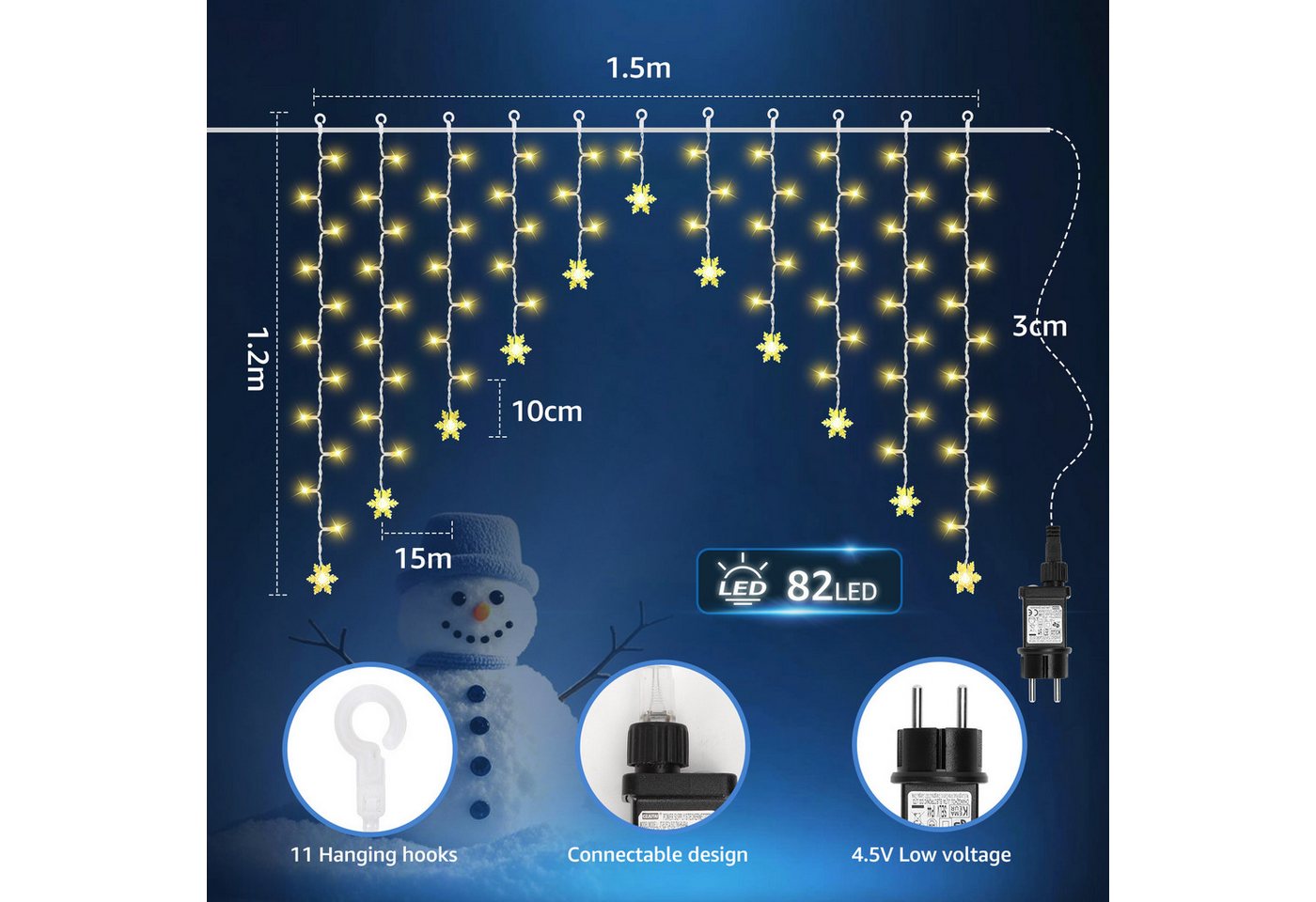 Aigostar LED-Lichterkette Lichtervorhang, 3M + 1.5x1.2M, 82 LEDs, Lichterketten Vorhang Innen – Bild 4 von 5