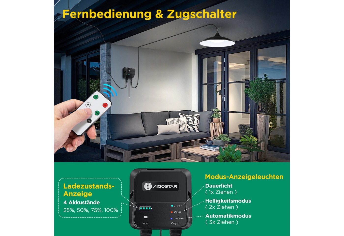 Aigostar LED Solarleuchte Solar-hängeleuchte,8 m Kabel,Solarlampen für außen hängend,IP65, Zugschnur, LED fest integriert, ohne Leuchtmittel, KaltweiBes Licht – Bild 4 von 5