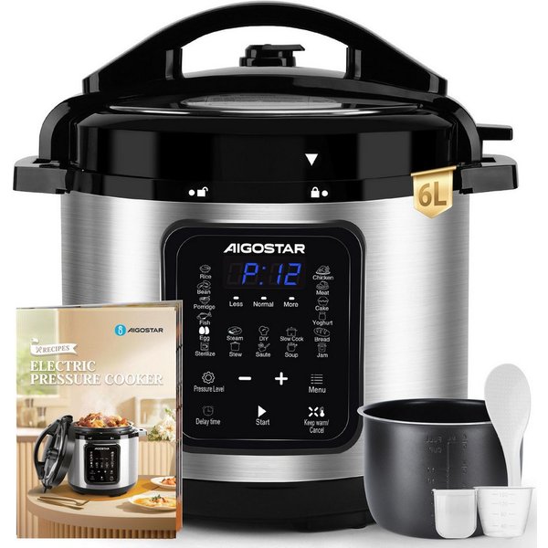 Aigostar Reiskocher 6L Schnellkochtopf, 18-in-1 Multikoche, Pressure Cooker, Rice Cooker, 1000 W, 24h Timer & Warmhalte, Antihaftbeschichtung, 10+ Sicherheitsme