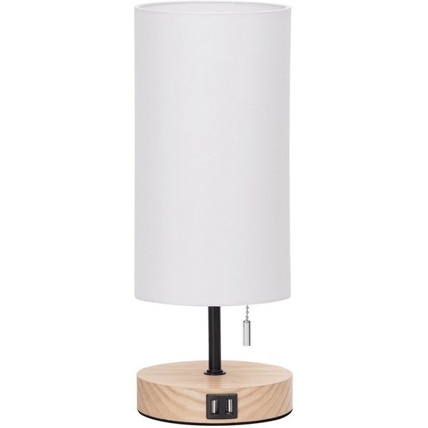 Aigostar Schreibtischlampe mit 2 USB-Ladeanschlüssen, E27 Tischlampe mit Zugschalter,Holzsockel