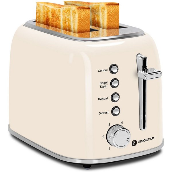 Aigostar Toaster Retro Edelstahl Toaster, 4 Funktionen, 6 Bräunungsstufen, 2 kurze Schlitze, für 2 Scheiben, 800 W, Extra Breite Toastschlitze, Liftfunktion