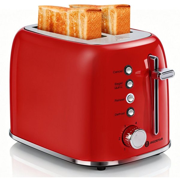 Aigostar Toaster Retro Edelstahl Toaster, 4 Funktionen, 6 Bräunungsstufen, 2 kurze Schlitze, für 2 Scheiben, 800 W, Extra Breite Toastschlitze, Liftfunktion