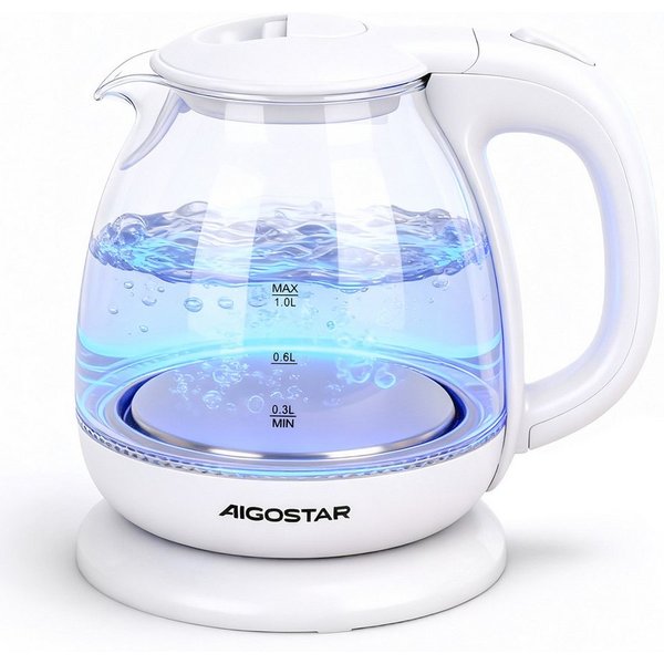 Aigostar Wasserkocher 2200W 1,7L Glaswasserkocher mit Kalkfilter, LED Beleuchtung, Weiß, 1 l, 2200,00 W, 360° Basis, Abschaltautomatik, Trockenschutz, Edelstahl