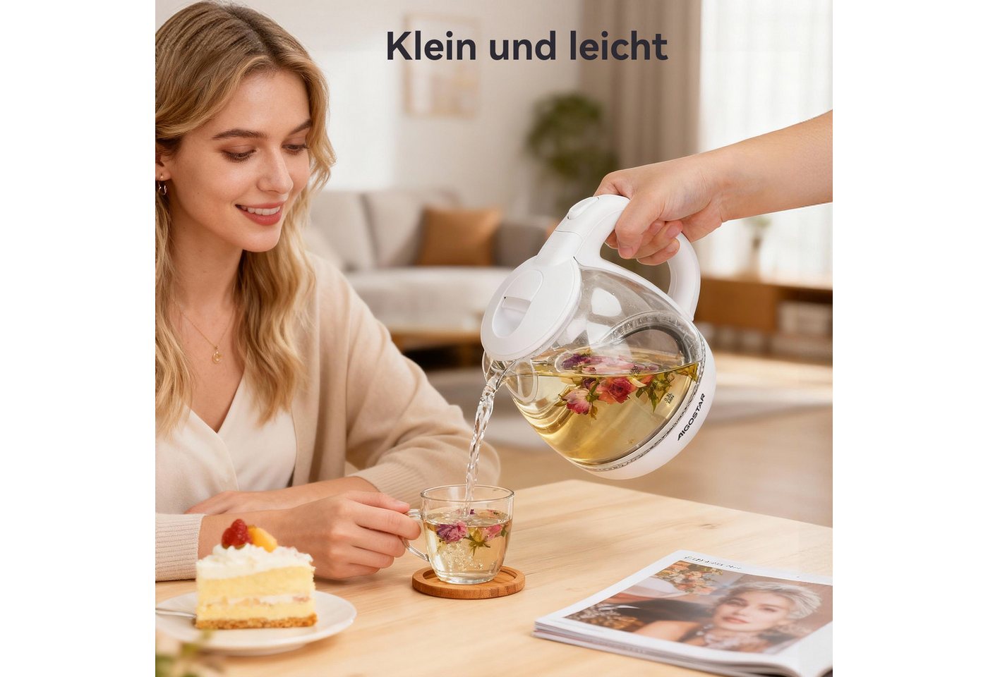Aigostar Wasserkocher 2200W 1,7L Glaswasserkocher mit Kalkfilter, LED Beleuchtung, Weiß, 1 l, 2200,00 W, 360° Basis, Abschaltautomatik, Trockenschutz, Edelstahl – Bild 2 von 5