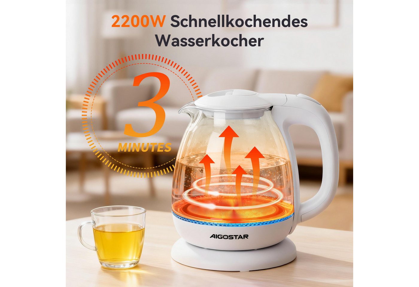 Aigostar Wasserkocher 2200W 1,7L Glaswasserkocher mit Kalkfilter, LED Beleuchtung, Weiß, 1 l, 2200,00 W, 360° Basis, Abschaltautomatik, Trockenschutz, Edelstahl – Bild 4 von 5