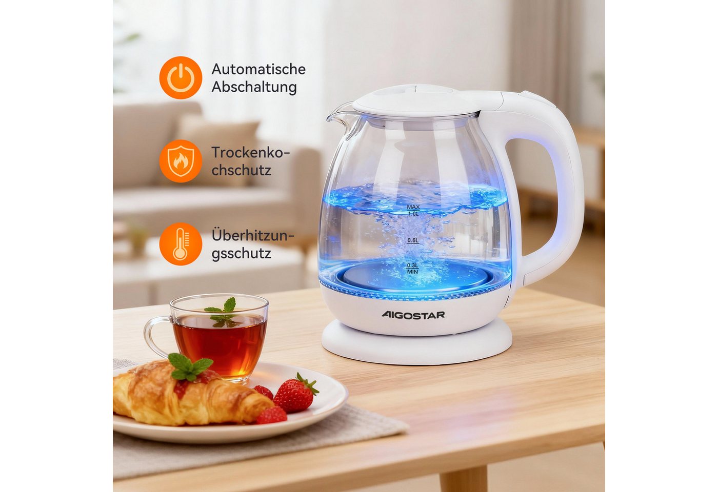 Aigostar Wasserkocher 2200W 1,7L Glaswasserkocher mit Kalkfilter, LED Beleuchtung, Weiß, 1 l, 2200,00 W, 360° Basis, Abschaltautomatik, Trockenschutz, Edelstahl – Bild 5 von 5
