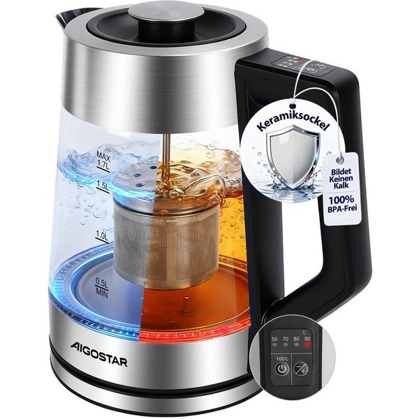Aigostar Wasserkocher 5 präzise Temperatureinstellungen, Keramikbeschichtung, Kalkfrei, 1.7 l, 2200 W, Keramikbeschichtung, Schnelles Kochen, Warmhaltefunktion,