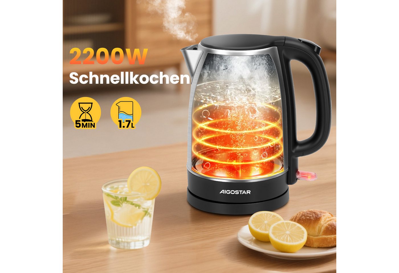 Aigostar Wasserkocher Wasserkocher Edelstahl 1,7 L, 2200W, Abschaltautomatik, Wasserkocher Edelstahl 1,7 L, 2200W, Abschaltautomatik – Bild 2 von 5